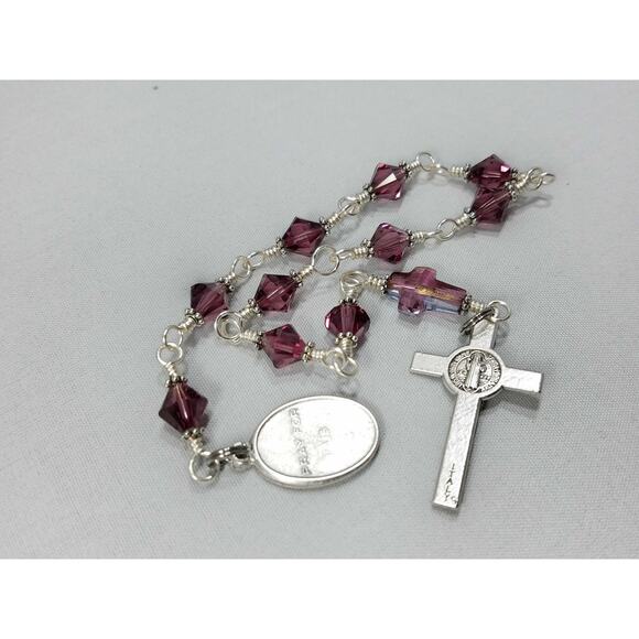 Ecce Homo One Decade Rosary Purple Swarovski Cross St. Benedict Crucifix - Picture 6 of 10
